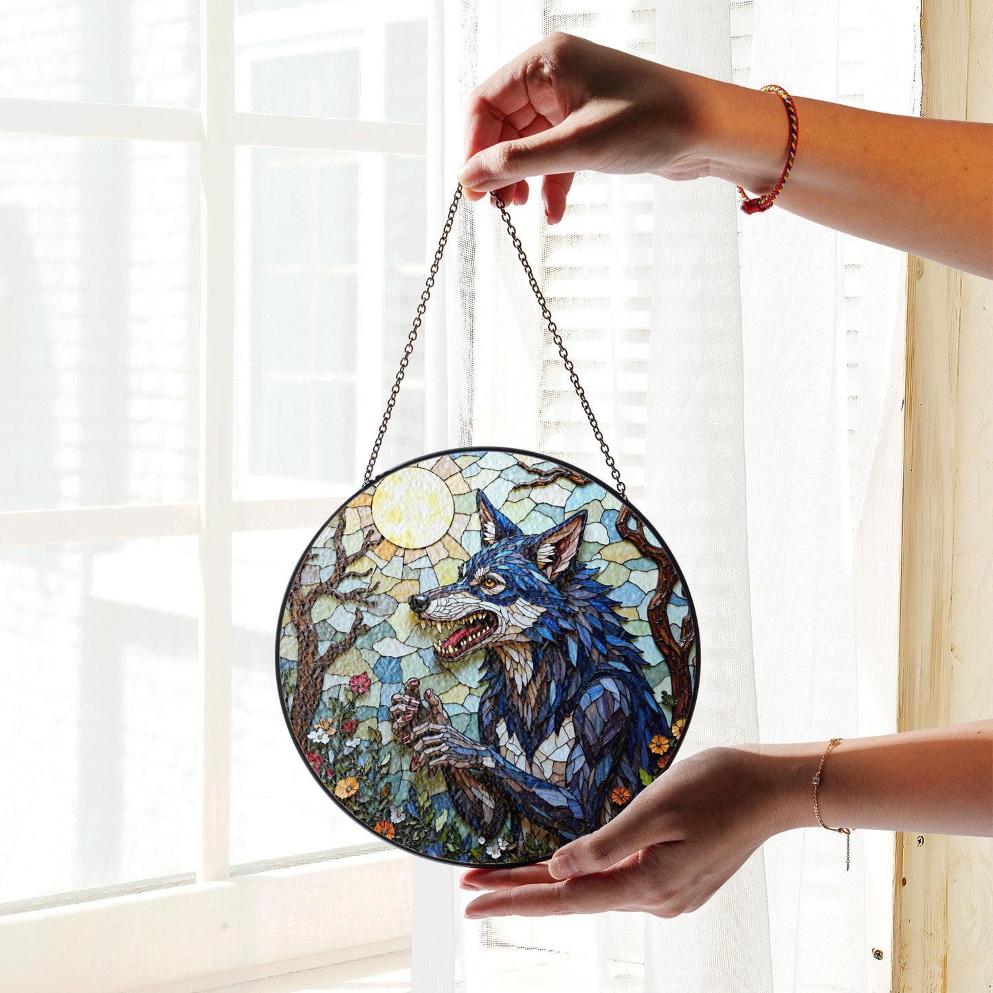 Suncatcher stained glass wolf in moonlit forest Halloween gift