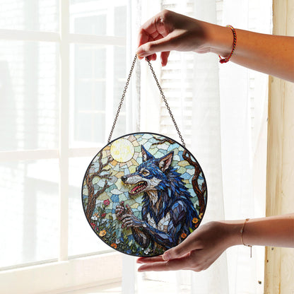 Suncatcher stained glass wolf in moonlit forest Halloween gift