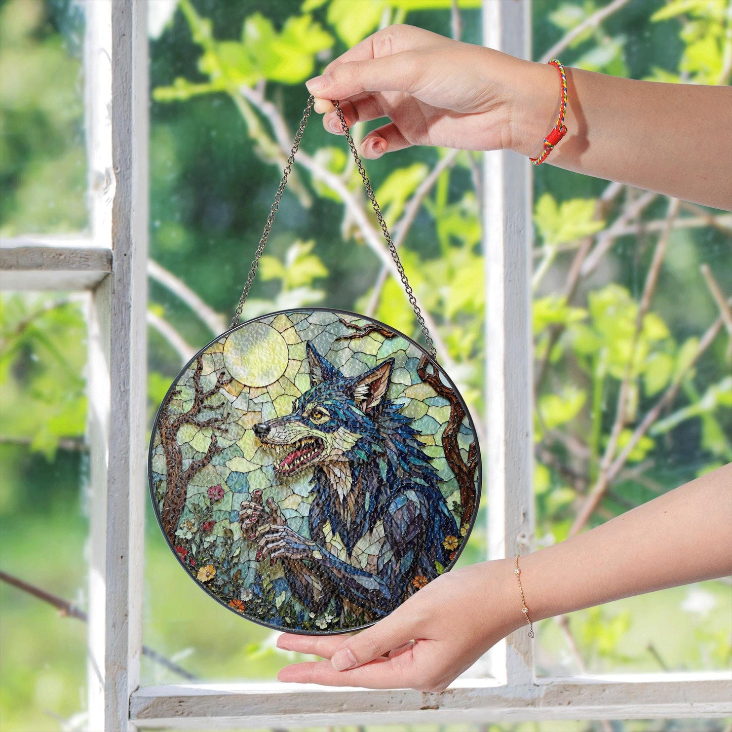 Suncatcher stained glass wolf in moonlit forest Halloween gift