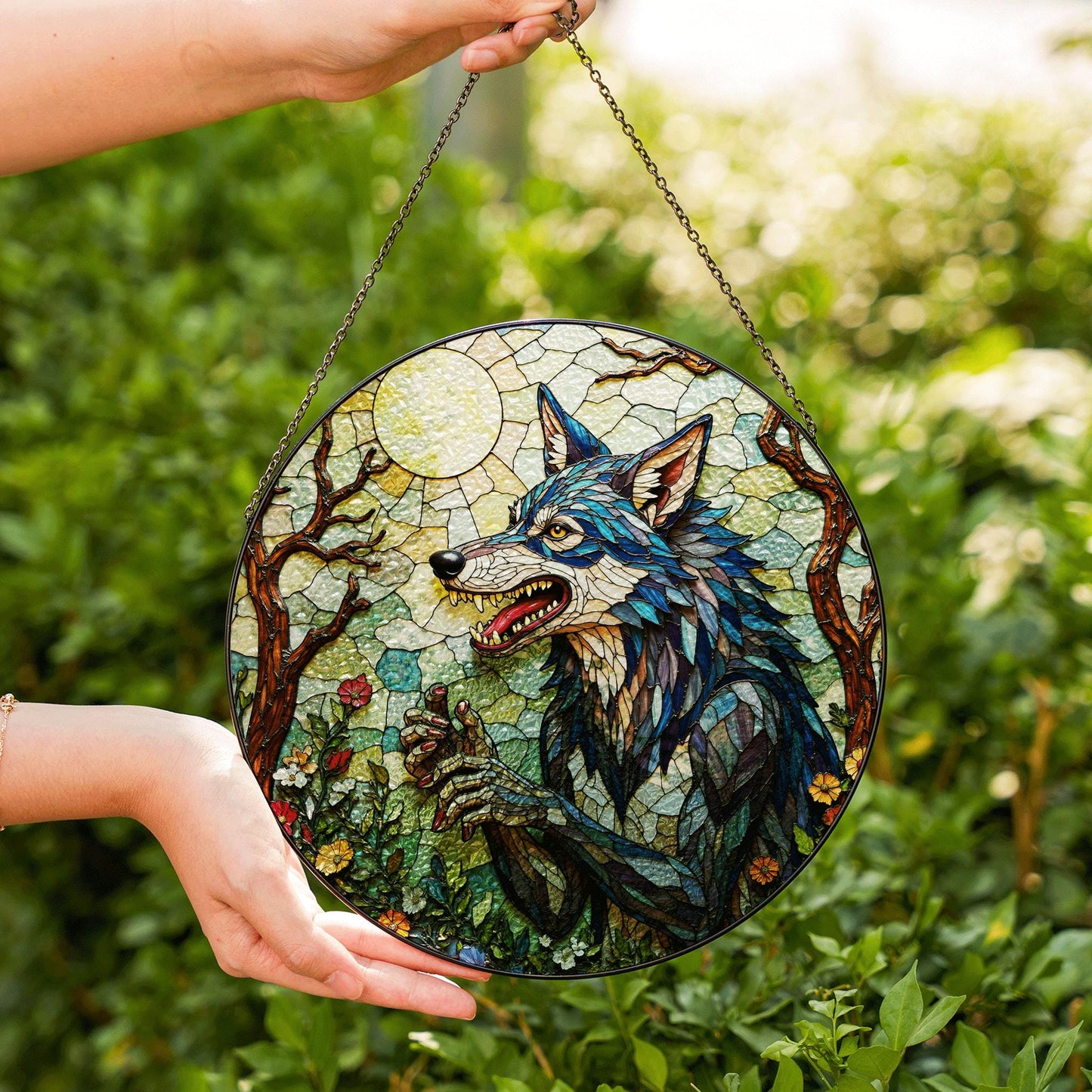 Suncatcher stained glass wolf in moonlit forest Halloween gift