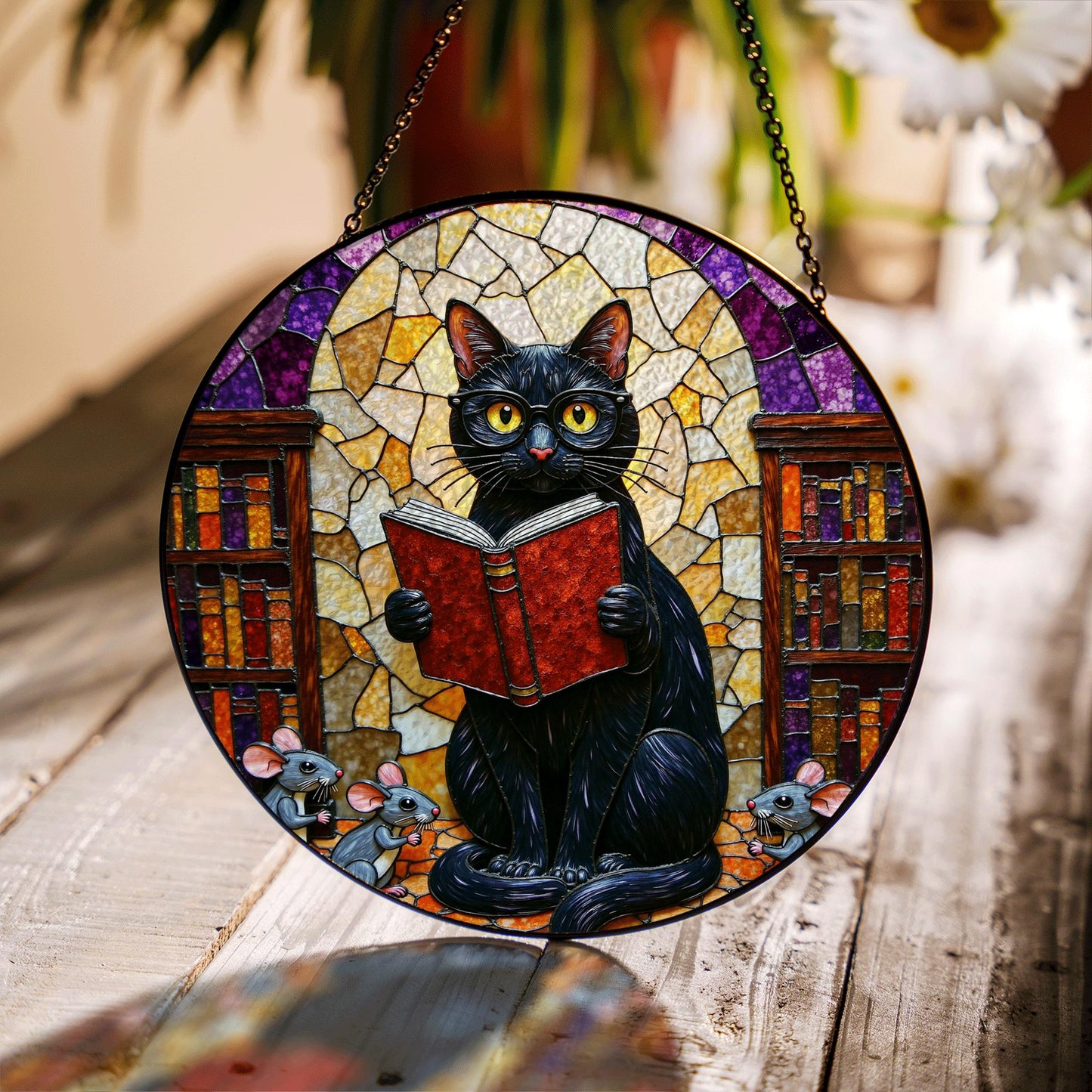 Suncatcher stained glass black cat reading book library scene gift for mom Halloween gift Christmas gift