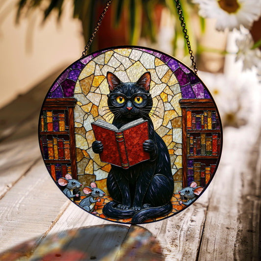 Suncatcher stained glass black cat reading book library scene gift for mom Halloween gift Christmas gift