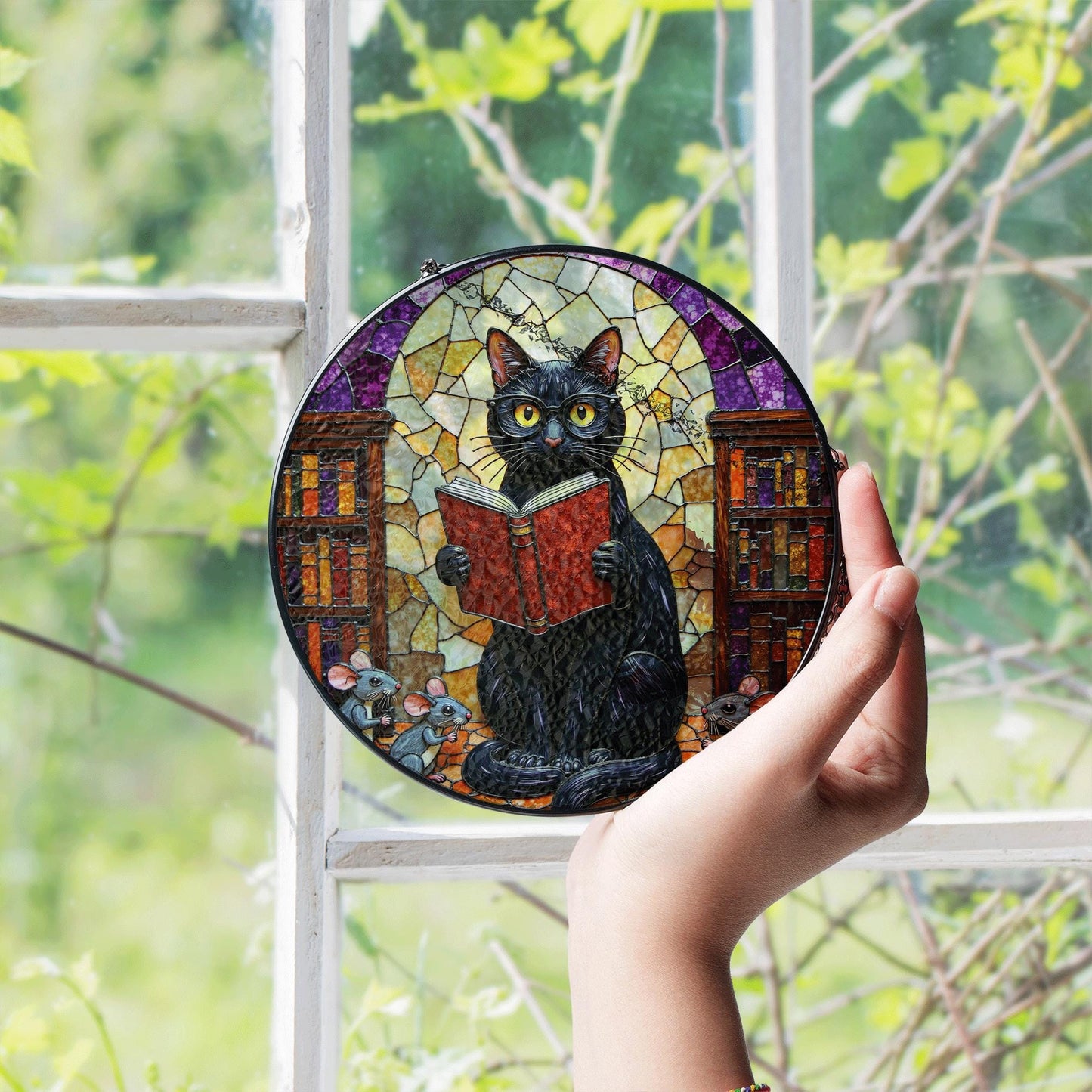 Suncatcher stained glass black cat reading book library scene gift for mom Halloween gift Christmas gift