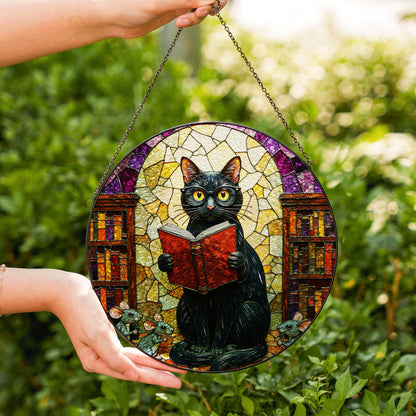 Suncatcher stained glass black cat reading book library scene gift for mom Halloween gift Christmas gift