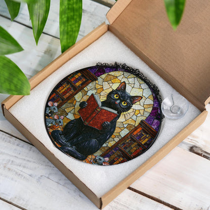 Suncatcher stained glass black cat reading book library scene gift for mom Halloween gift Christmas gift