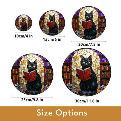 Suncatcher stained glass black cat reading book library scene gift for mom Halloween gift Christmas gift