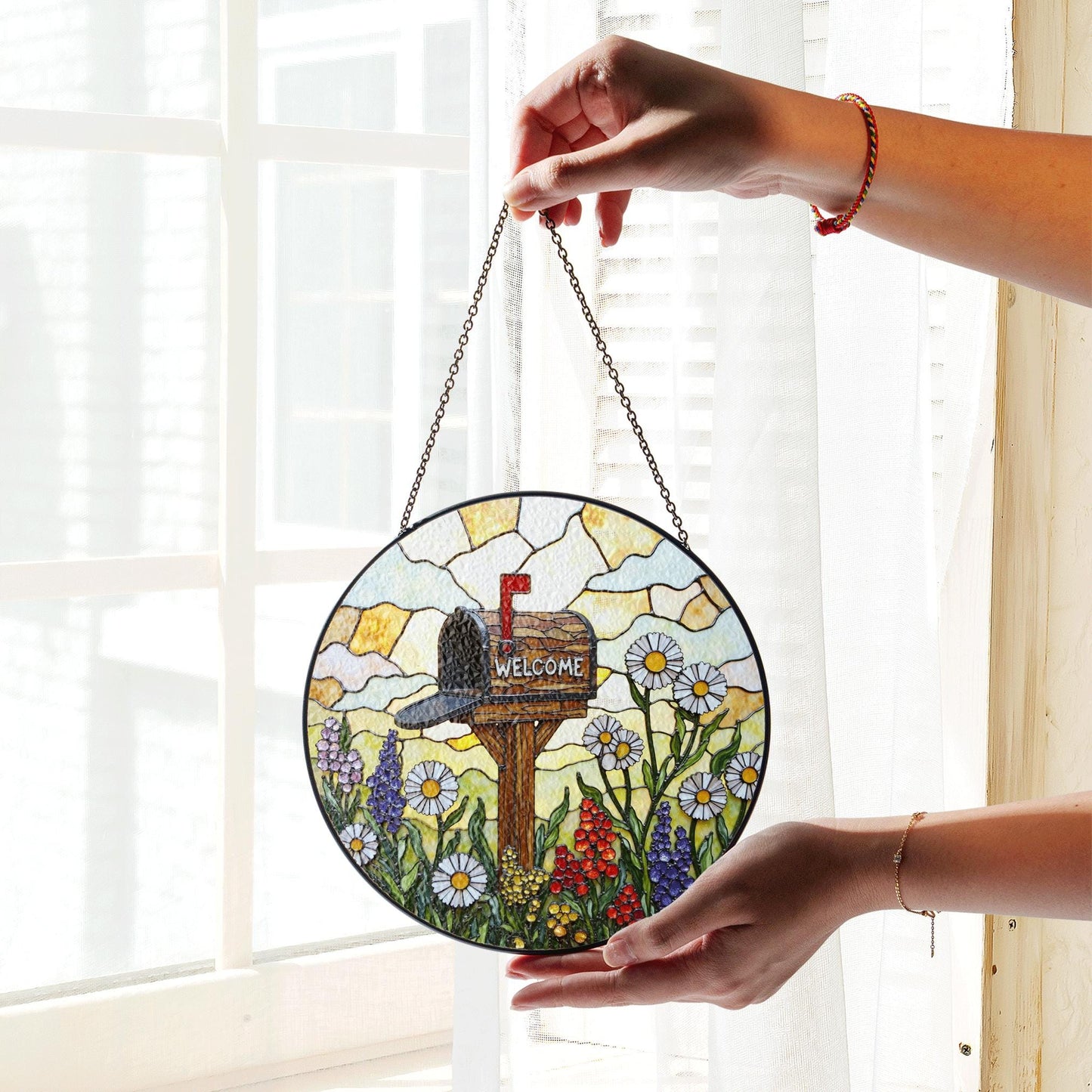 Suncatcher stained glass mailbox with wildflowers welcome sign Mothers Day gift for mom housewarming gift