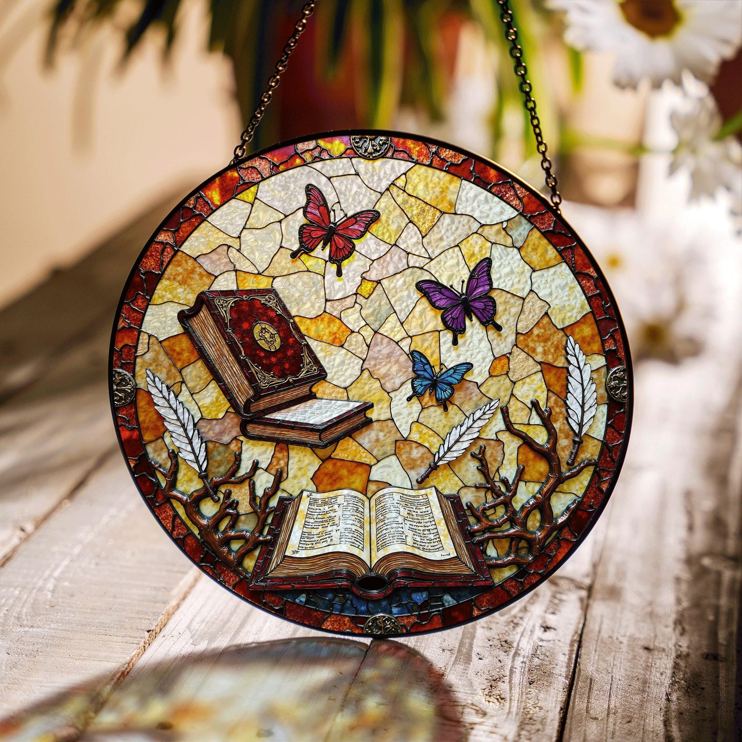 Suncatcher stained glass butterflies books open pages gift for mom Mothers Day gift