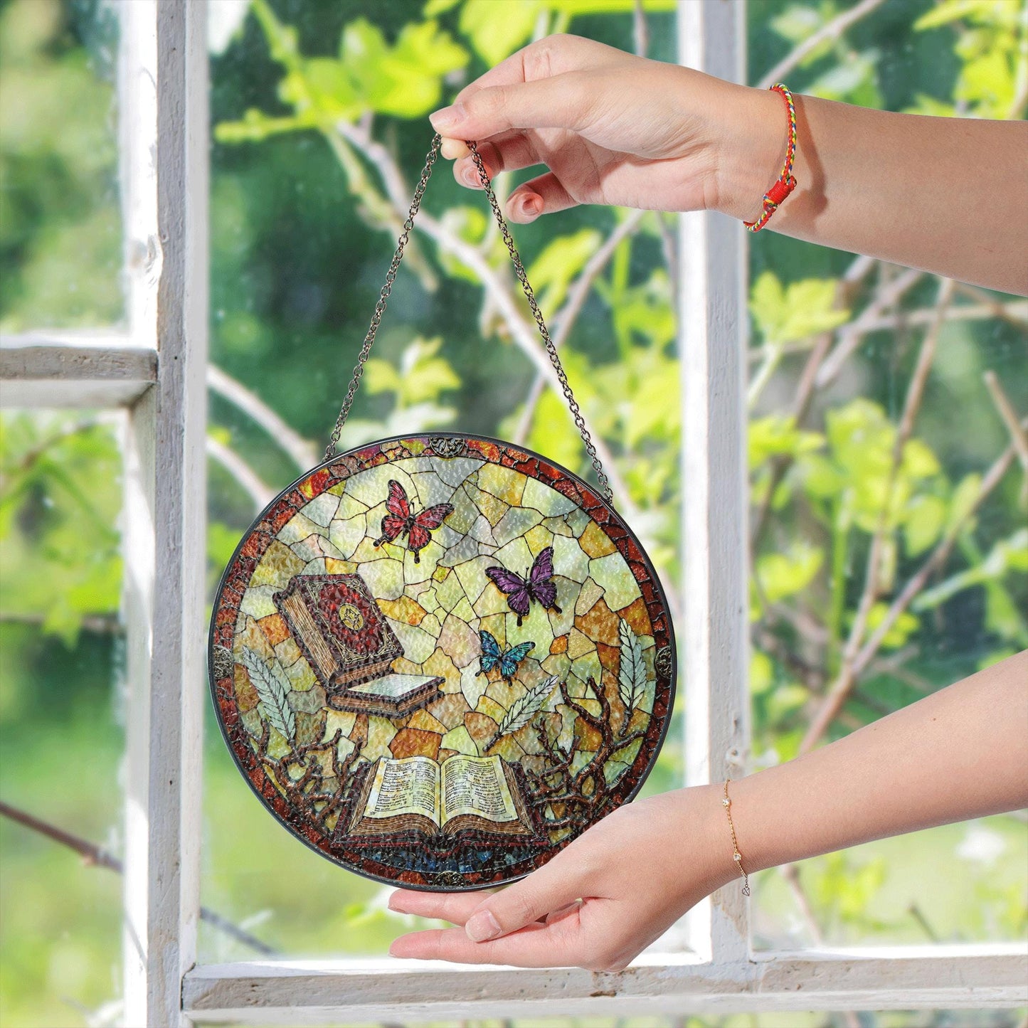 Suncatcher stained glass butterflies books open pages gift for mom Mothers Day gift