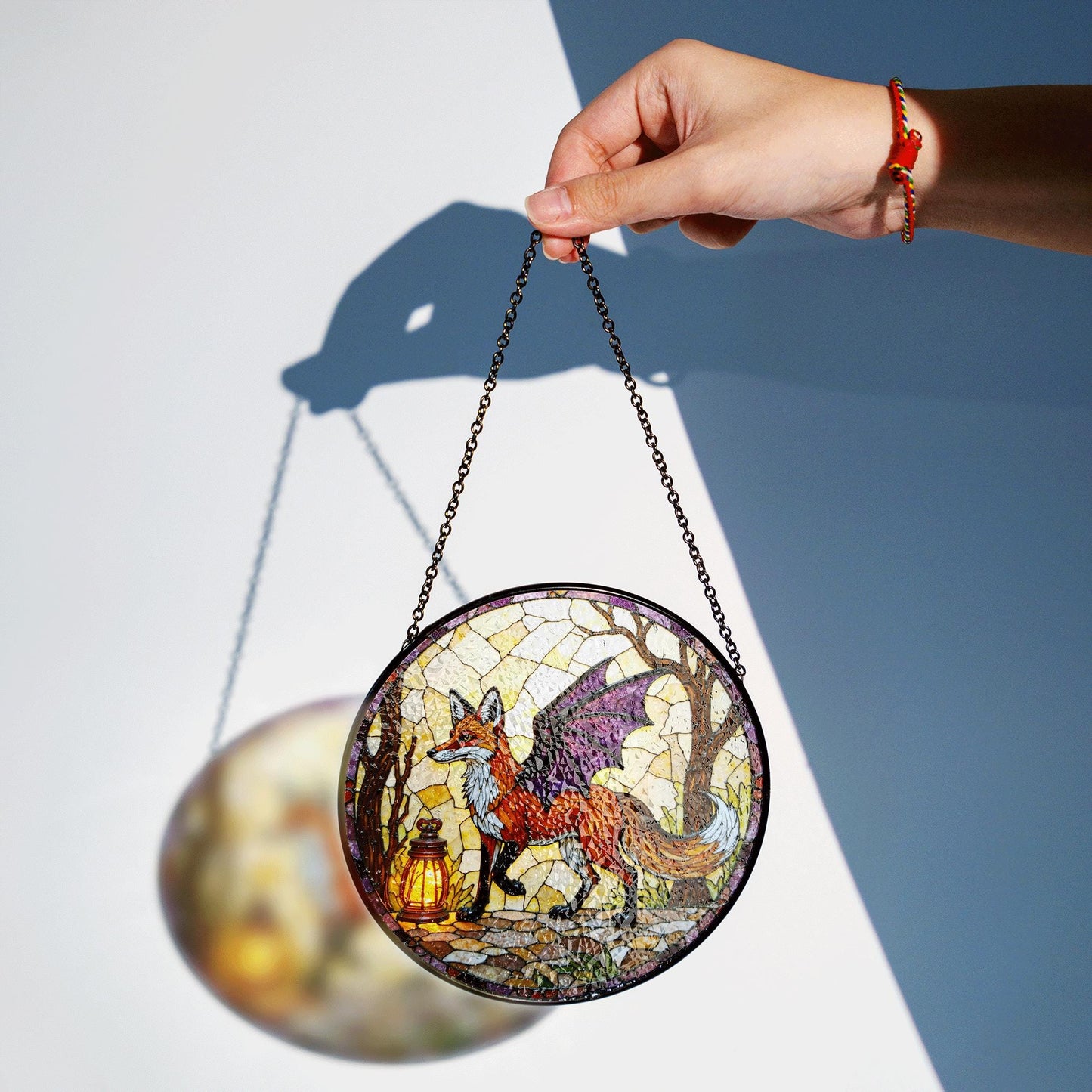 Suncatcher stained glass fox with dragon wings fantasy woodland Halloween gift