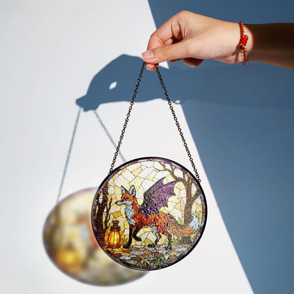 Suncatcher stained glass fox with dragon wings fantasy woodland Halloween gift