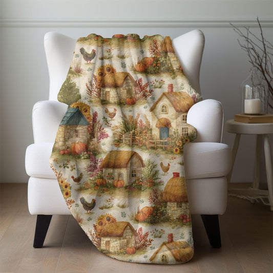 Autumn Harvest Village Blanket, Rustic Farmhouse Fall Throw with Pumpkins & Chickens, Cozy Cottagecore Thanksgiving Fleece Fall Home Decor