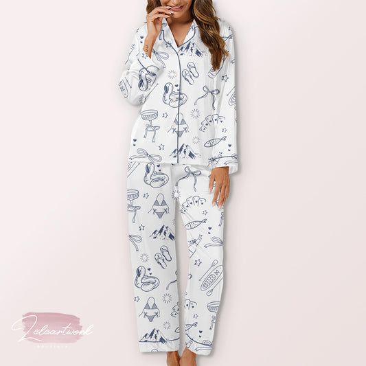Lake Bachelorette Party Pajama Set – White Satin Button-Up And Shorts with Nautical Summer Print | Bride And Bridesmaid Sleepwear
