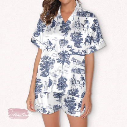 Pride and Prejudice Toile De Jouy Satin Pajama Set – Regency Romance Short Sleeve & Shorts | Jane Austen Inspired Sleepwear