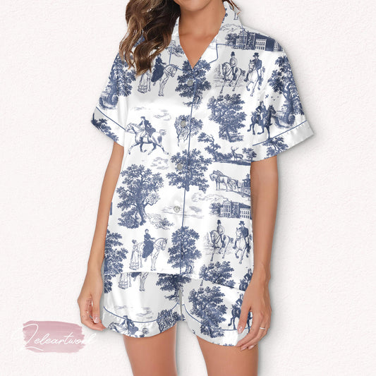 Pride and Prejudice Toile De Jouy Satin Pajama Set – Regency Romance Short Sleeve & Shorts | Jane Austen Inspired Sleepwear
