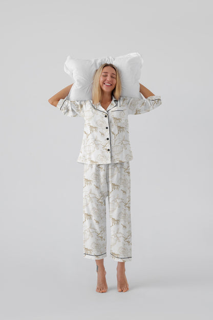 Pearls and Prosecco Bridal Pajamas – Toile de Jouy Satin Pajama Set – Bride Getting Ready Outfit – Bridesmaid Gift Box – Wedding PJs