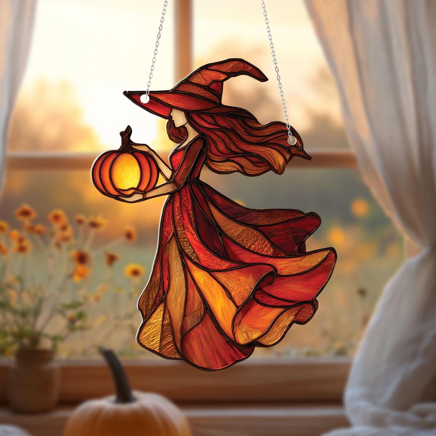 Autumn Witch Window Hanging with Pumpkin Lantern – Enchanting Fall Halloween Decor for Cozy Seasonal Home Accent
