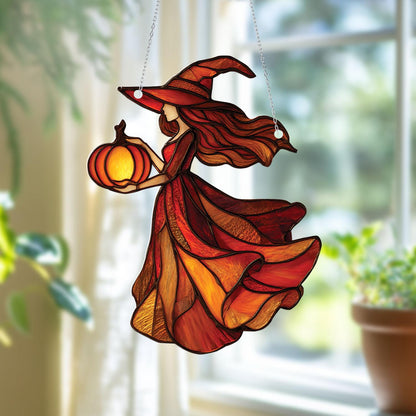 Autumn Witch Window Hanging with Pumpkin Lantern – Enchanting Fall Halloween Decor for Cozy Seasonal Home Accent