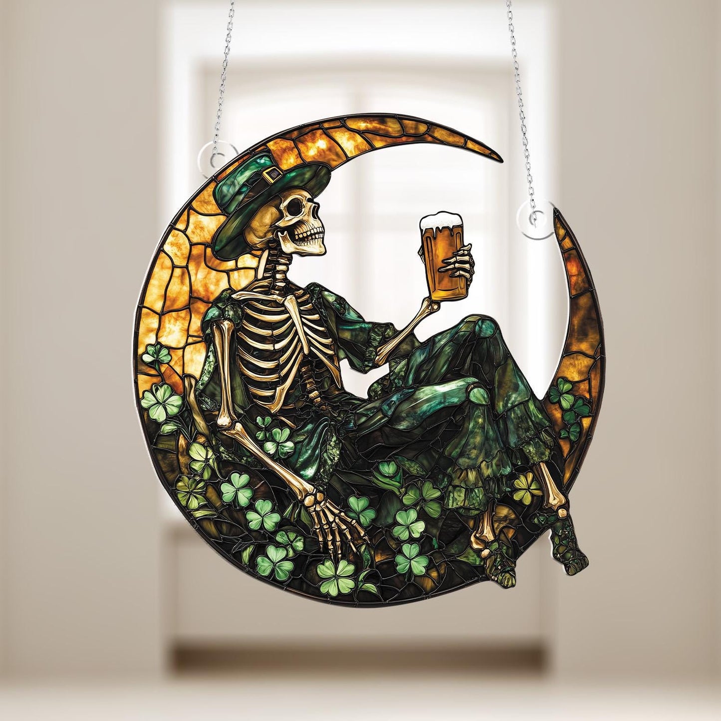 Leprechaun Skeleton on Crescent Moon Window Hanging – St. Patrick’s Day Beer Lover Decor with Shamrocks for Festive Home Accent