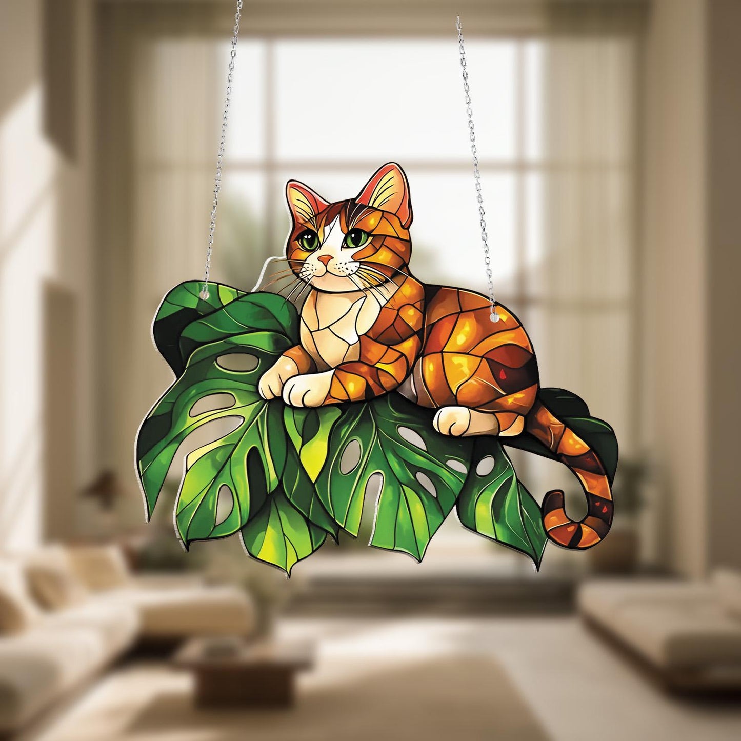 Orange Cat on Monstera Leaf Window Hanging – Cute Feline Jungle Theme Decor for Cat Lovers and Tropical Home Accent