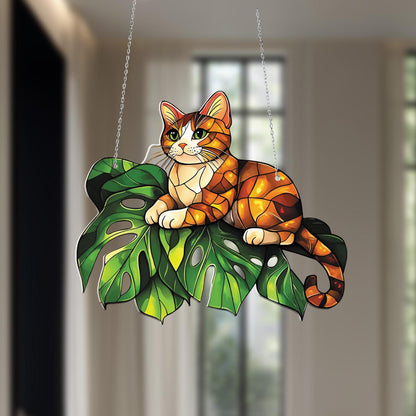 Orange Cat on Monstera Leaf Window Hanging – Cute Feline Jungle Theme Decor for Cat Lovers and Tropical Home Accent
