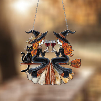 Fall Witches Window Hanging with Wine Glasses and Black Cat – Autumn Halloween Home Decor, Witchy Gift for Friends