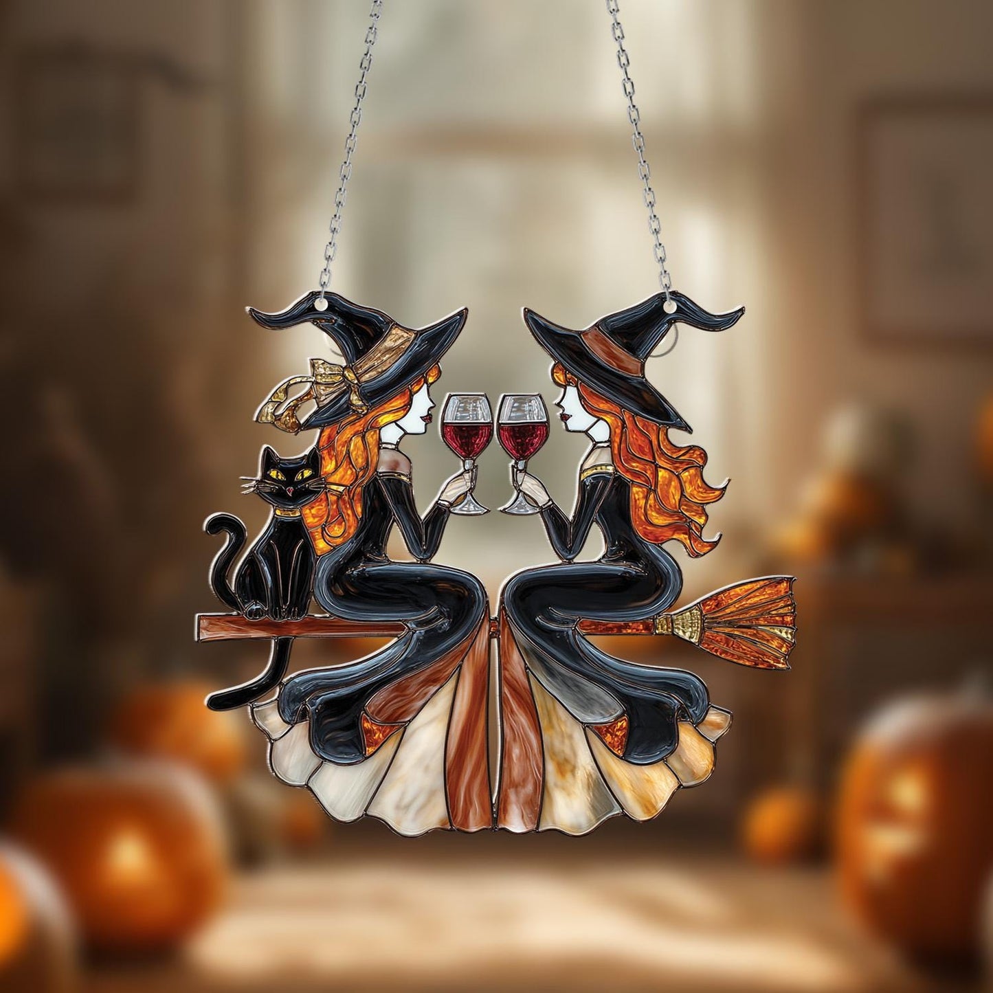 Fall Witches Window Hanging with Wine Glasses and Black Cat – Autumn Halloween Home Decor, Witchy Gift for Friends