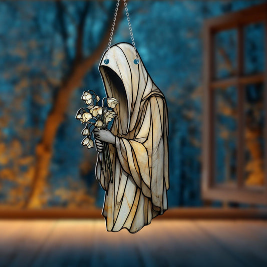 Gothic Hooded Figure Acrylic Window Hanging with Flowers – Spooky Dark Art Home Decor for Halloween, Witchy, Gothic Room