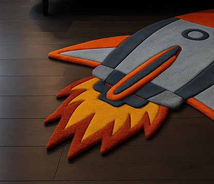 Hand-Tufted Wool Rocket Ship Rug: Space Nursery Decor
