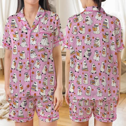Bookish Ghost Halloween Pajamas, Reading Ghost Satin Pajama Set, Cute Halloween Sleepwear, Book Lover Spooky Loungewear Gift For Women