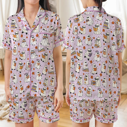 Bookish Ghost Halloween Pajamas, Reading Ghost Satin Pajama Set, Cute Halloween Sleepwear, Book Lover Spooky Loungewear Gift For Women