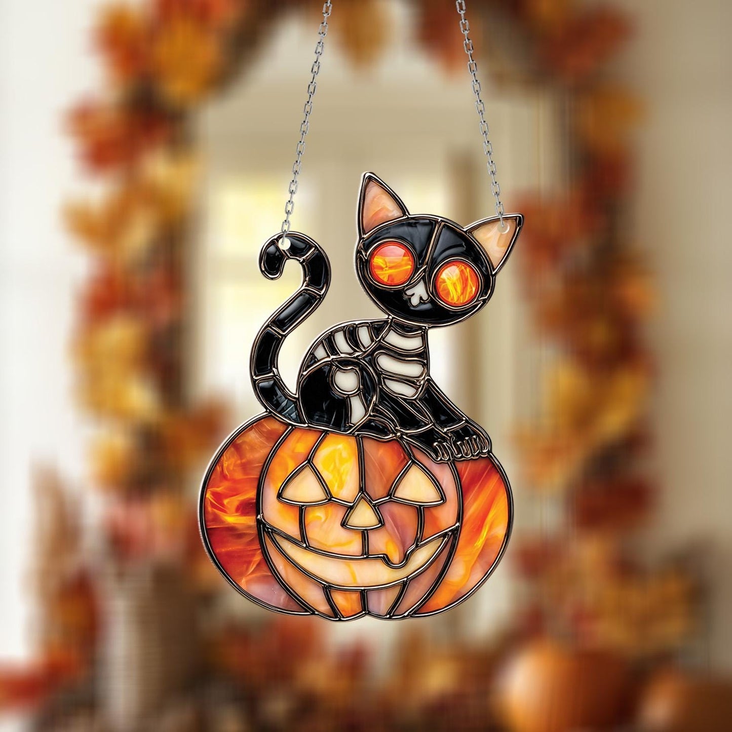 Halloween Black Cat with Pumpkin Window Hanging – Spooky Autumn Home Decor, Gothic Kitty Ornament, Fall Halloween Gift Idea.