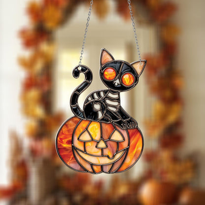 Halloween Black Cat with Pumpkin Window Hanging – Spooky Autumn Home Decor, Gothic Kitty Ornament, Fall Halloween Gift Idea.