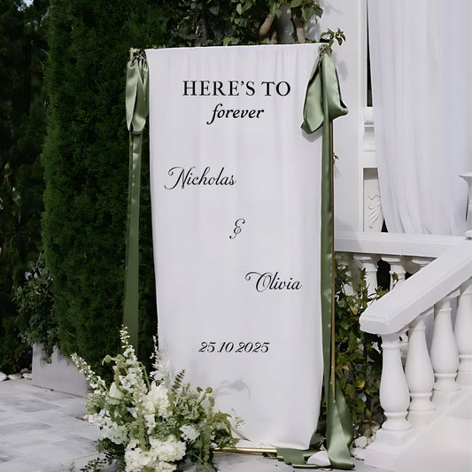 Here’s to Forever Wedding Banner, Personalized Welcome Sign with Names and Date, Custom Ceremony Backdrop, Elegant Wedding Reception Decor