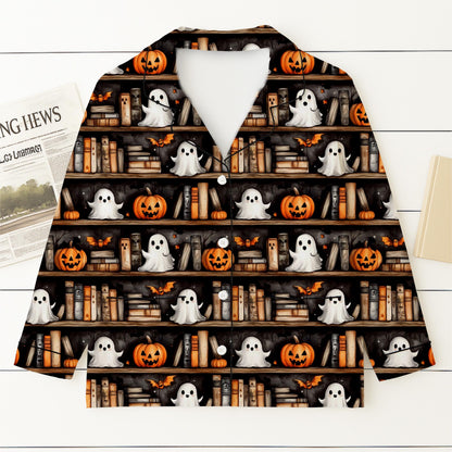 Halloween Ghost Bookshelf Pajamas Set, Vintage Halloween Sleepwear, Pumpkin Book Ghost Homewear, Cozy Loungewear, Halloween Book Pjs