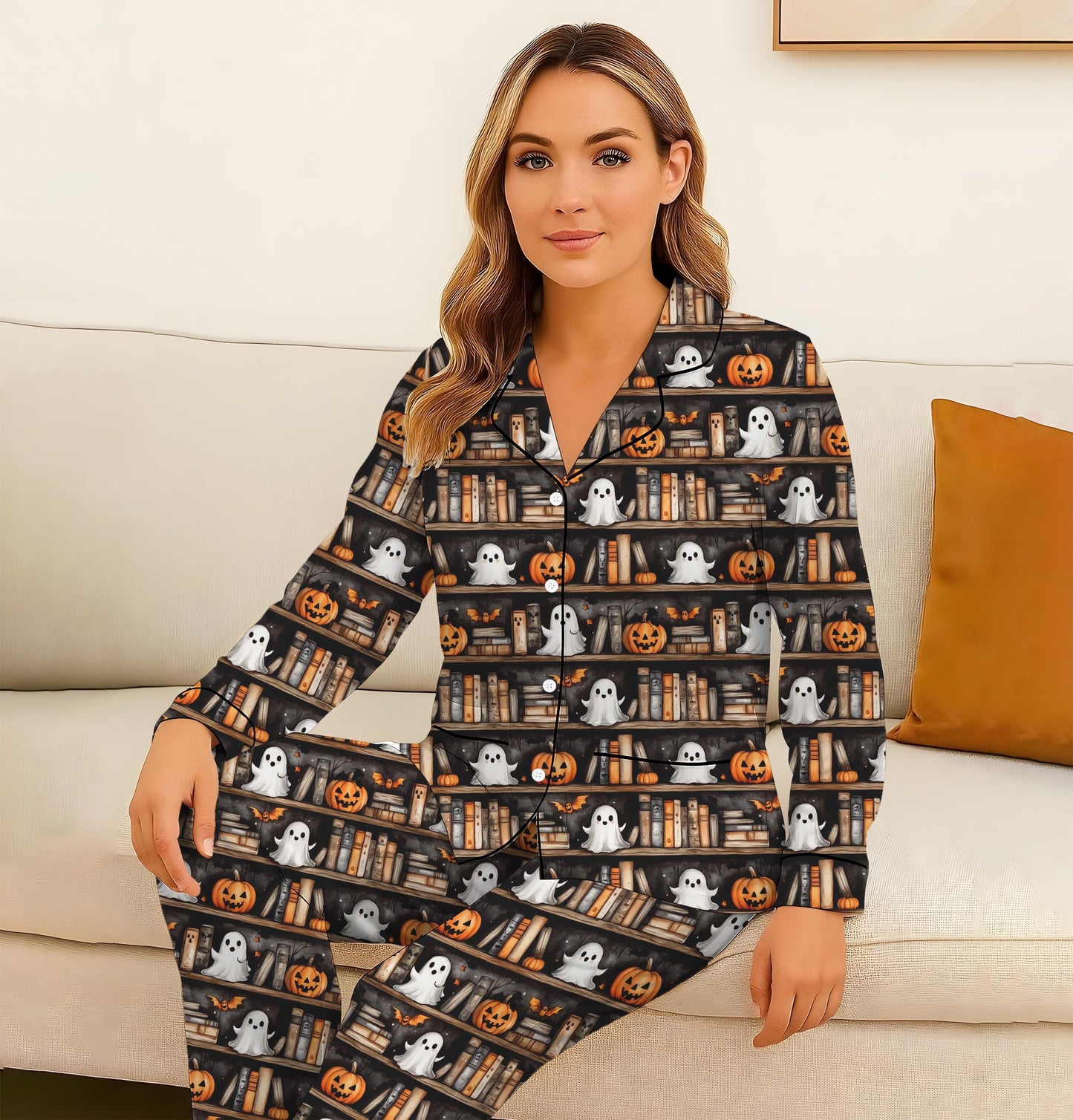 Halloween Ghost Bookshelf Pajamas Set, Vintage Halloween Sleepwear, Pumpkin Book Ghost Homewear, Cozy Loungewear, Halloween Book Pjs
