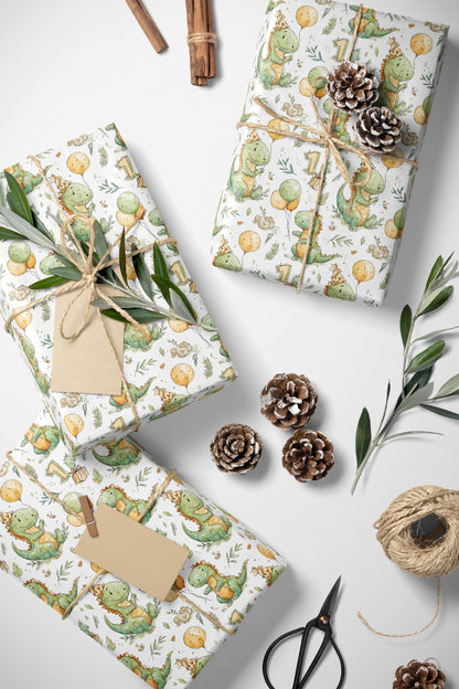 Baby Boy First Birthday Dinosaur Wrapping Paper Roll, Prehistoric Gift Wrap for Toddler 1st Birthday Party and Dino Theme #4