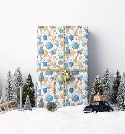 Baby Boy 1st Birthday Space Wrapping Paper Roll, Cute Rocket Ship Gift Wrap for Toddler Birthday Party and Galaxy Decorations #2