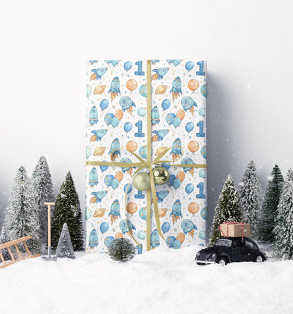 Baby Boy First Birthday Space Wrapping Paper Roll, Astronaut Rocket Gift Wrap for Toddler 1st Birthday Party and Galaxy Theme #1