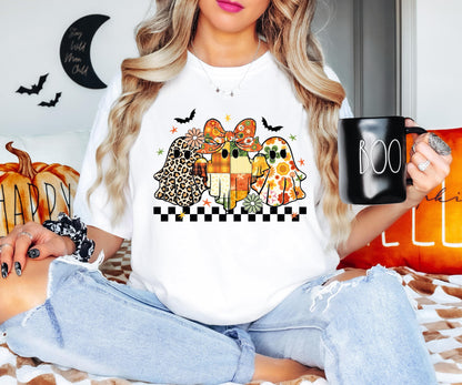 Patchwork Ghost Floral Shirt, Halloween Floral Ghost Sweatshirt, Checkered Halloween Shirt, Boho Fall Floral Tee, Spooky Season Hoodie