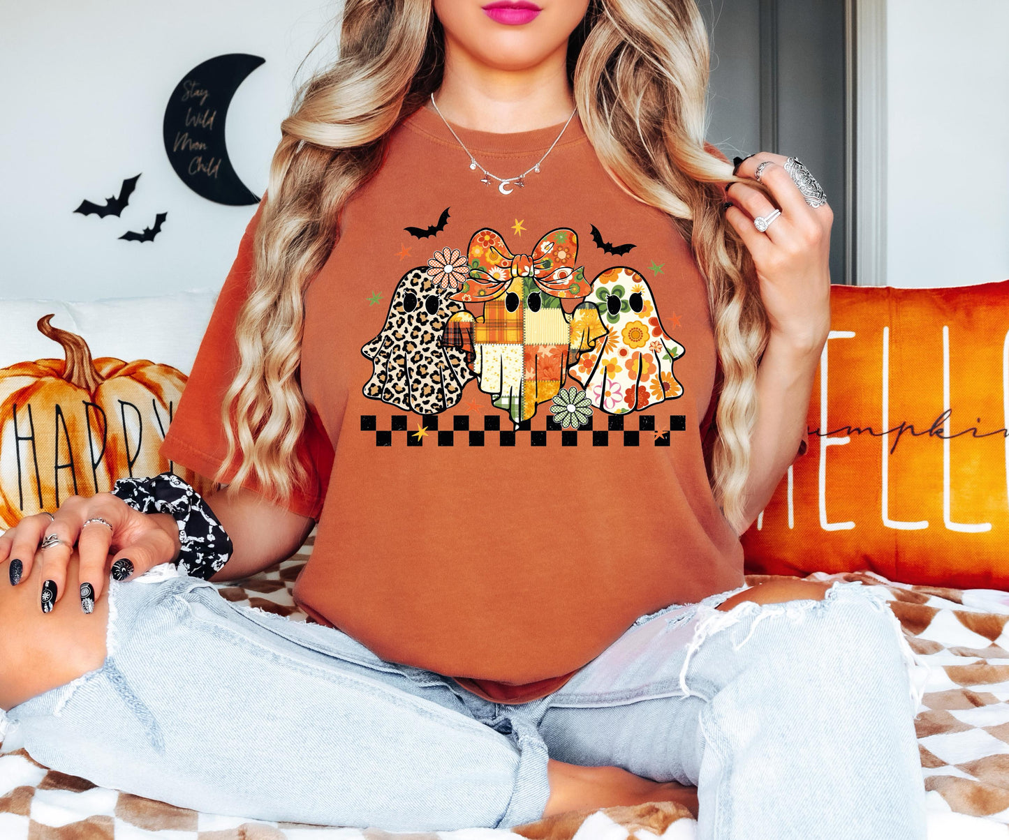 Patchwork Ghost Floral Shirt, Halloween Floral Ghost Sweatshirt, Checkered Halloween Shirt, Boho Fall Floral Tee, Spooky Season Hoodie