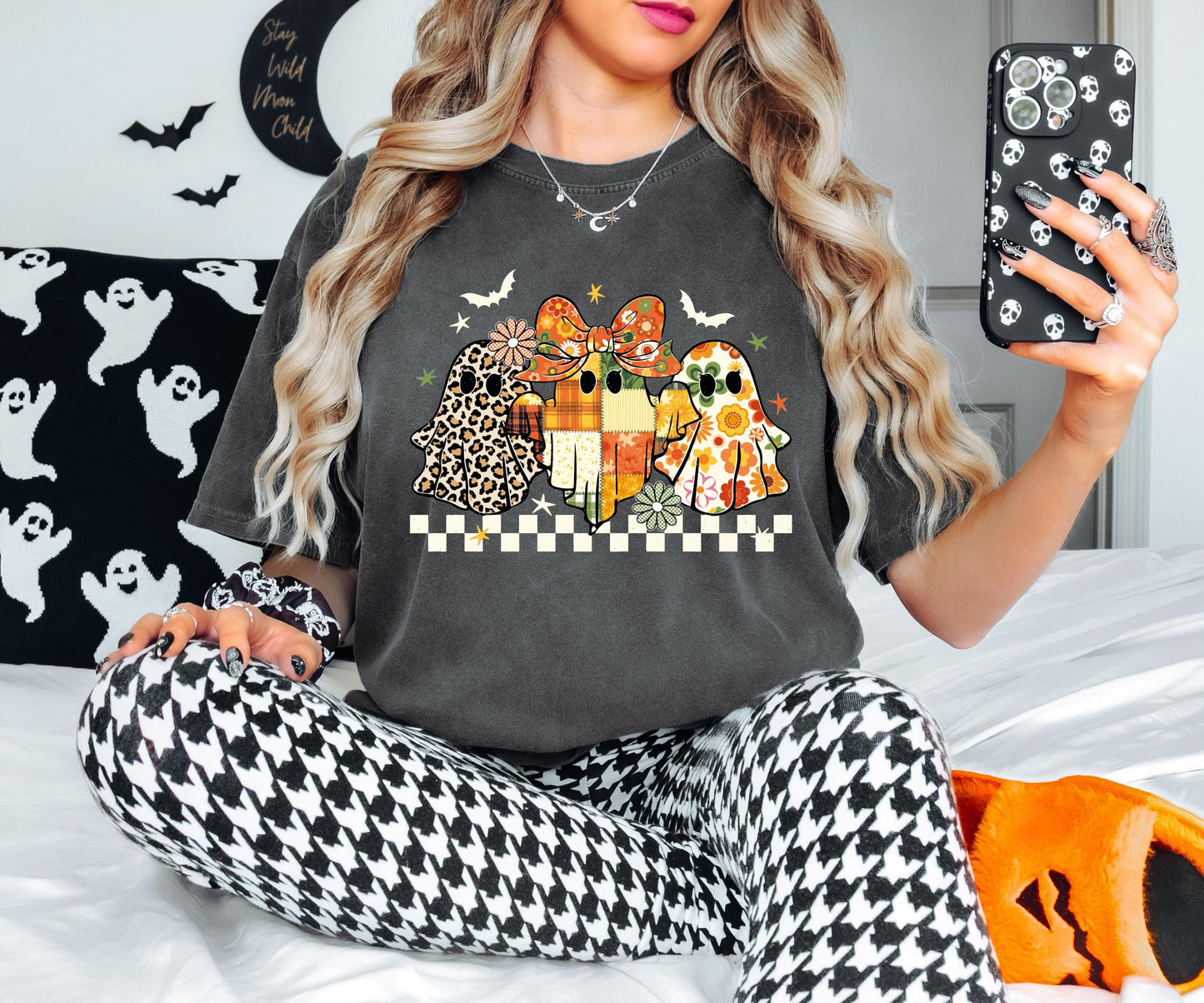Patchwork Ghost Floral Shirt, Halloween Floral Ghost Sweatshirt, Checkered Halloween Shirt, Boho Fall Floral Tee, Spooky Season Hoodie