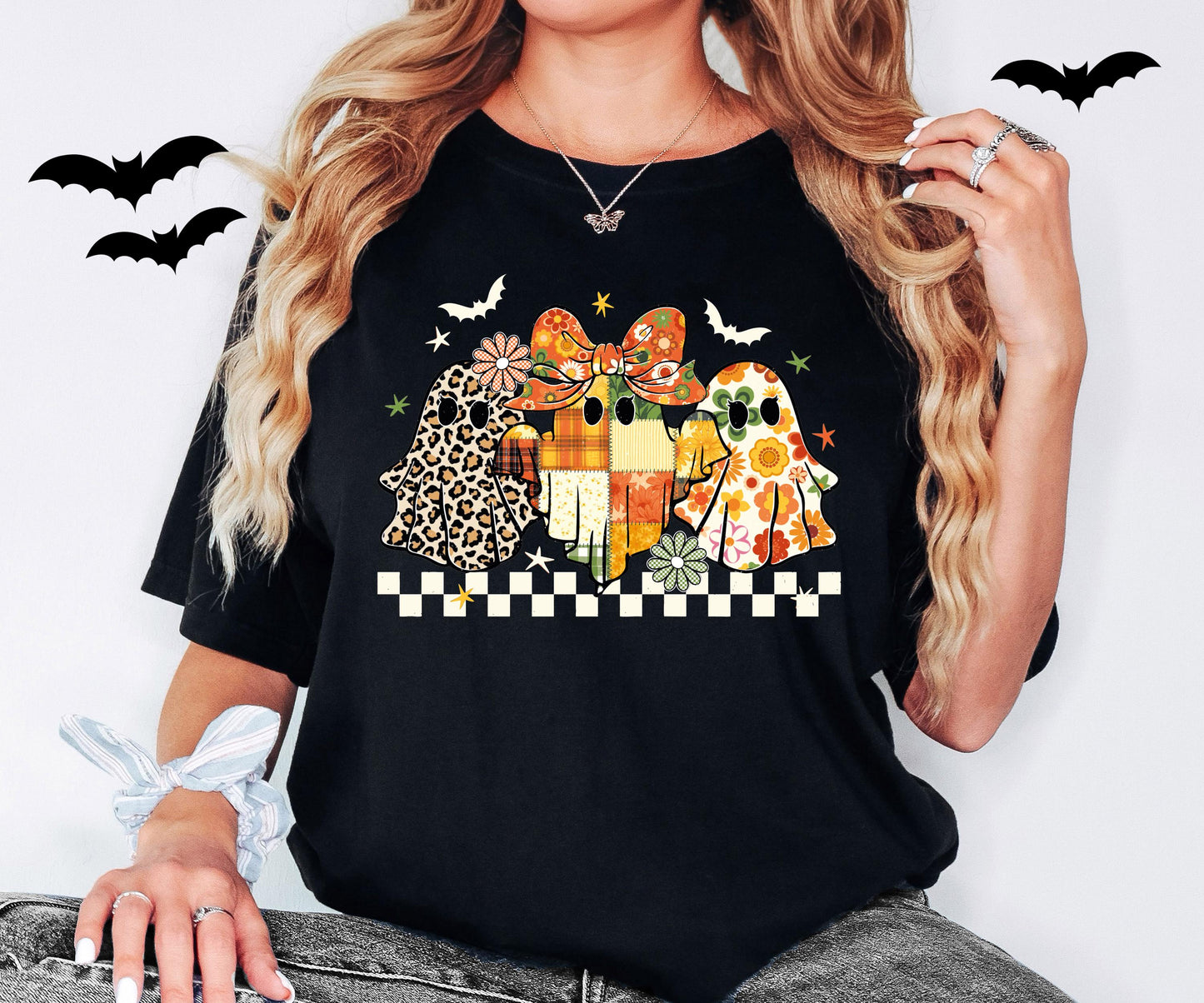 Patchwork Ghost Floral Shirt, Halloween Floral Ghost Sweatshirt, Checkered Halloween Shirt, Boho Fall Floral Tee, Spooky Season Hoodie