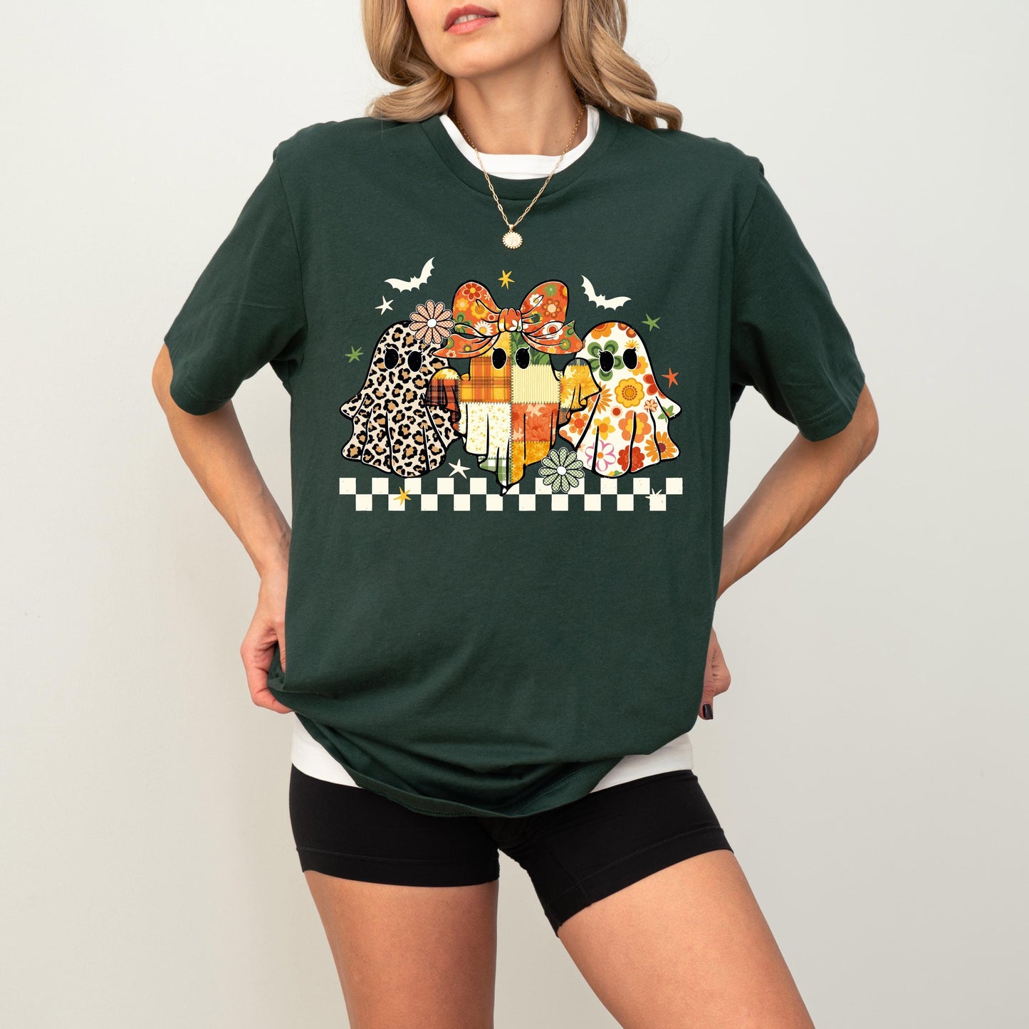 Patchwork Ghost Floral Shirt, Halloween Floral Ghost Sweatshirt, Checkered Halloween Shirt, Boho Fall Floral Tee, Spooky Season Hoodie