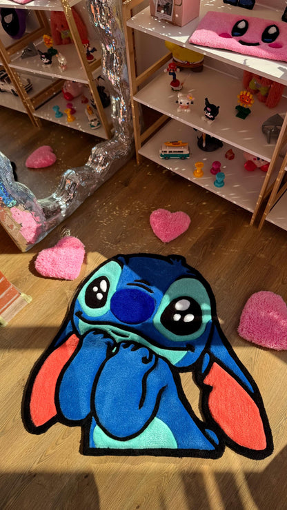 3 FT Stitch Tufted Rug – Custom Handmade Blue Cartoon Carpet, Crying Stitch Decor, Puffy Soft Rug for Anime Room Aesthetic or Gift