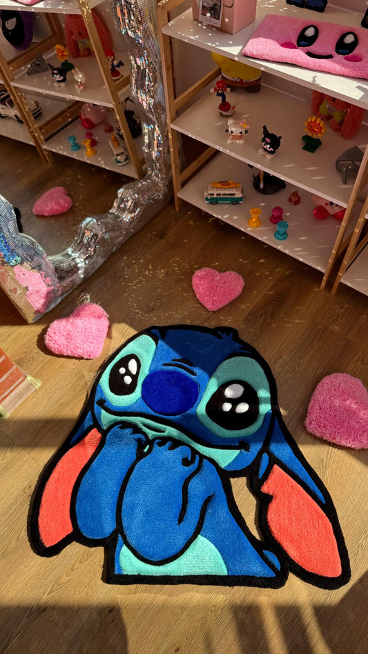 3 FT Stitch Tufted Rug – Custom Handmade Blue Cartoon Carpet, Crying Stitch Decor, Puffy Soft Rug for Anime Room Aesthetic or Gift