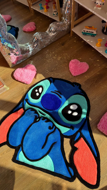 3 FT Stitch Tufted Rug – Custom Handmade Blue Cartoon Carpet, Crying Stitch Decor, Puffy Soft Rug for Anime Room Aesthetic or Gift