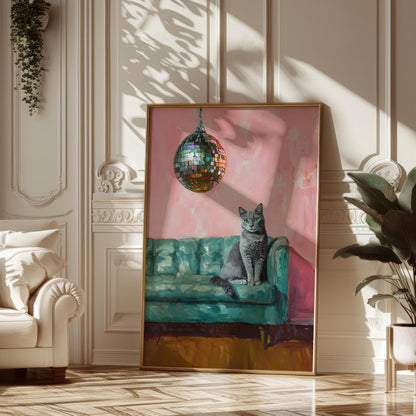 Russian Blue Cat with Disco Ball Fine Art Print | Cute Quirky Whimsical | Disco Ball Cat | Bar Cart Decor | Trendy Home Wall Art Gift