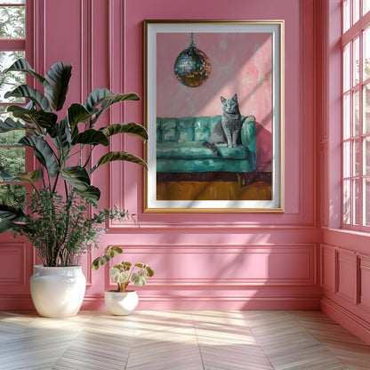 Russian Blue Cat with Disco Ball Fine Art Print | Cute Quirky Whimsical | Disco Ball Cat | Bar Cart Decor | Trendy Home Wall Art Gift