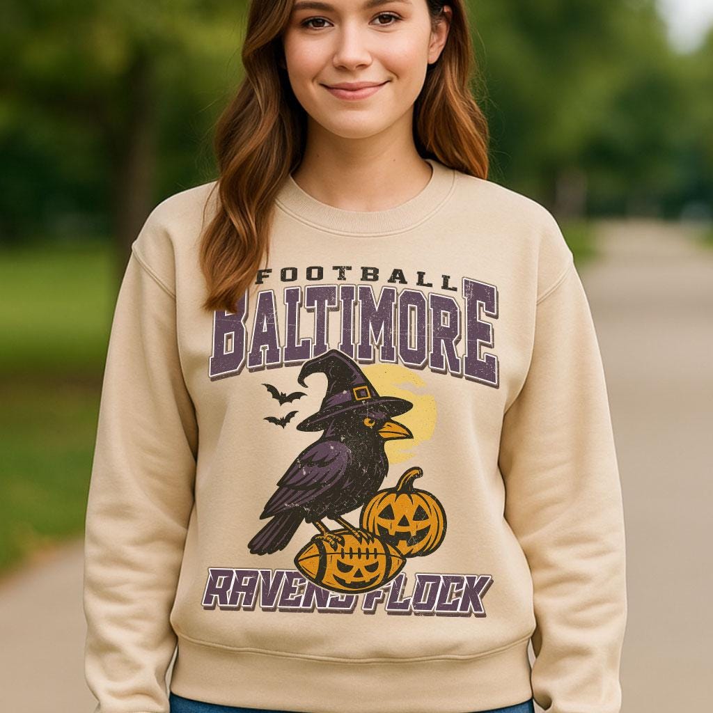 Vintage Style Baltimore Spooky Sweatshirt | Ravens Flock Halloween Football Shirt | Spooky Crow Pumpkin Shirt | Fall Sports Fan Gift